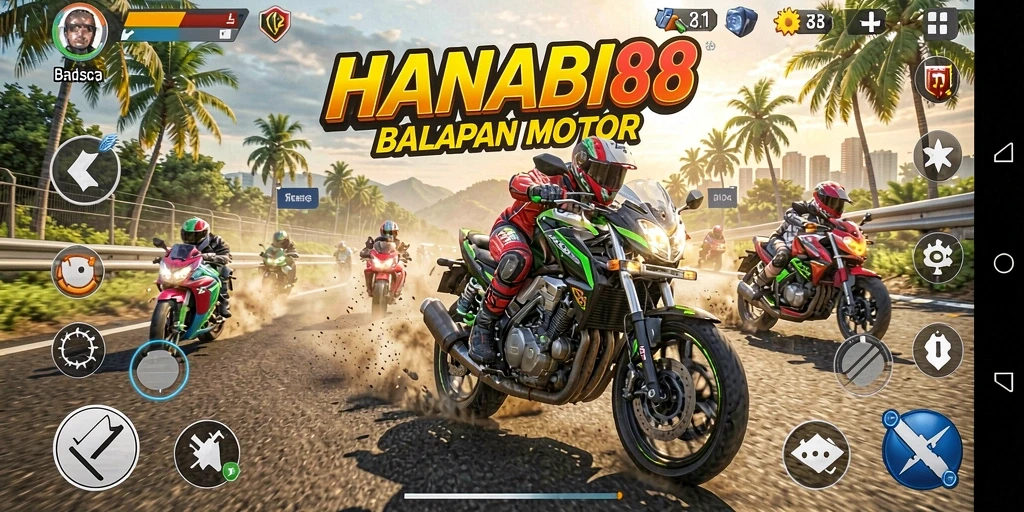 Screenshot gameplay HANABI88 menampilkan aksi balapan motor yang mendebarkan.