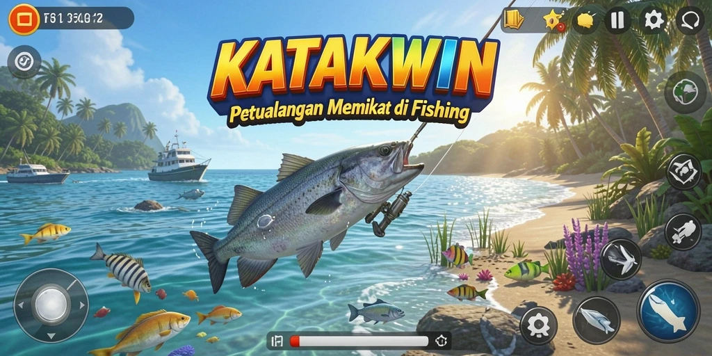 Tampilan gameplay KATAKWIN yang penuh aksi menangkap ikan.