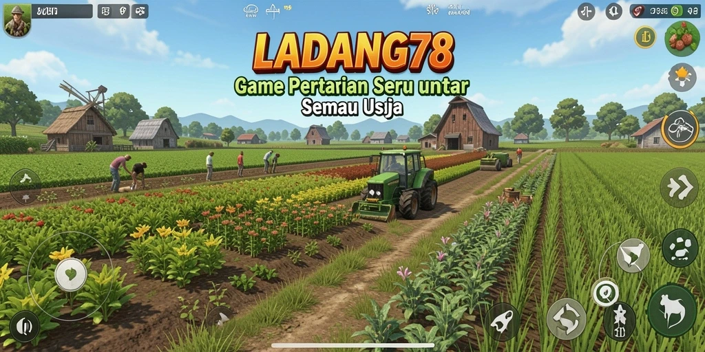Gameplay seru di LADANG78, menampilkan kebun yang subur dan hewan ternak.