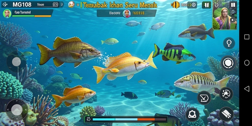 Menggambarkan aksi menembak ikan dalam gameplay MG108.