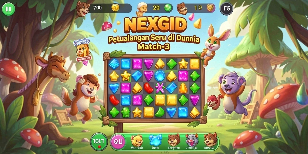 Screenshot gameplay NEXGID memperlihatkan kombinasi objek berwarna-warni.