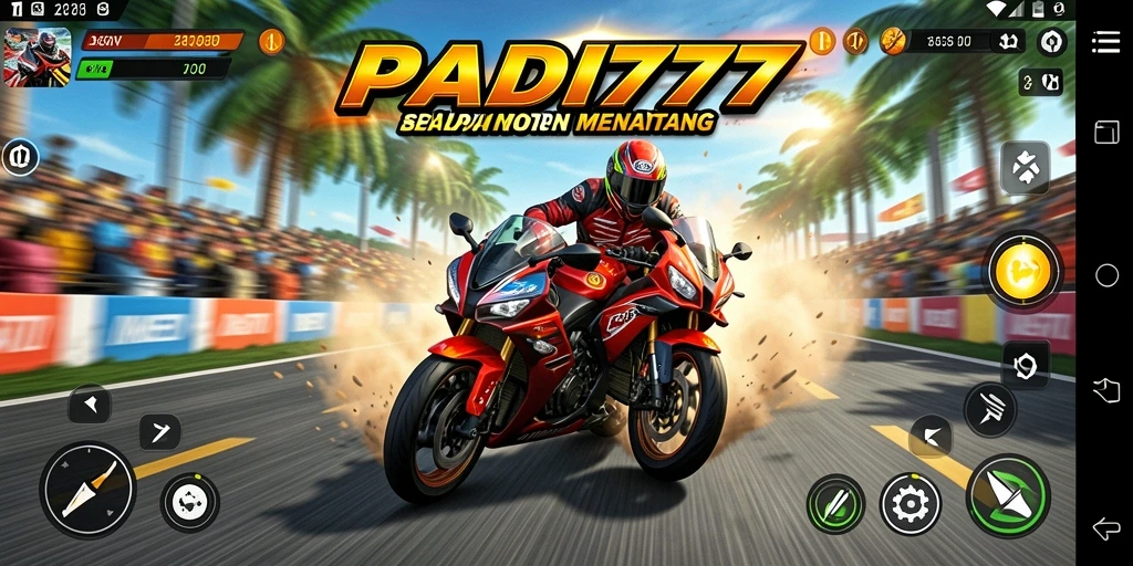 Screenshot utama PADI777 menunjukkan aksi balapan motor yang penuh kecepatan.