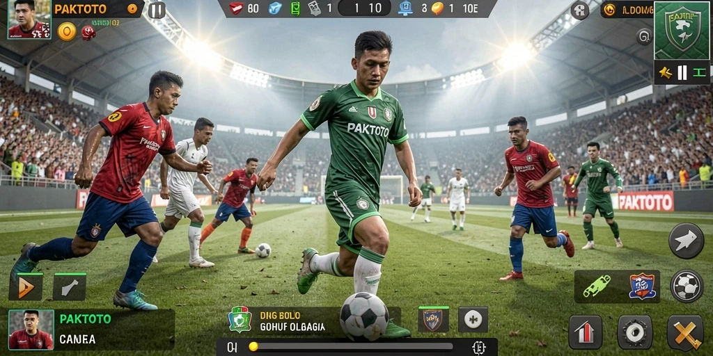 Screenshot gameplay PAKTOTO menampilkan aksi sepak bola yang seru.