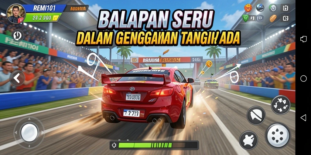 Tangkapan layar gameplay REMI101 menampilkan aksi balapan yang mendebarkan.