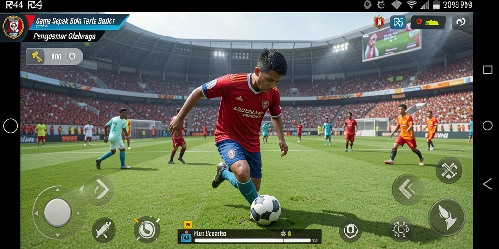Screenshot gameplay RR44 menunjukkan aksi seru dalam pertandingan sepak bola.