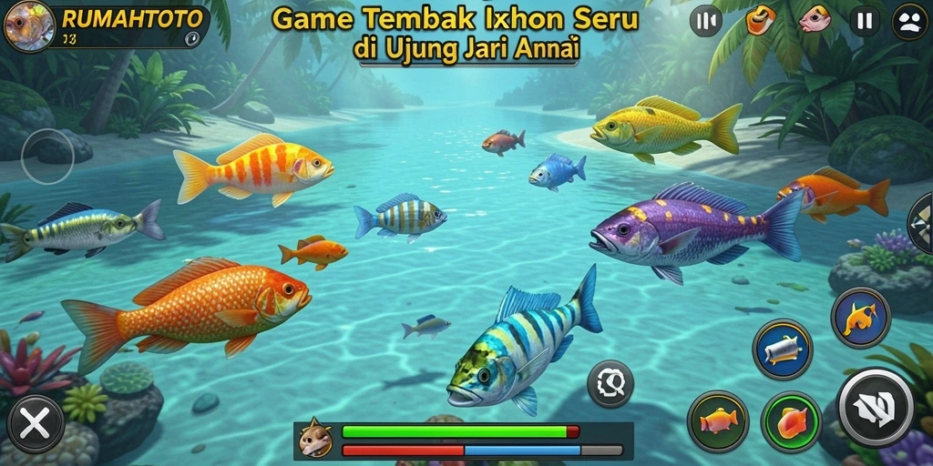 Screenshot gameplay RUMAHTOTO menampilkan menembak ikan yang seru dan penuh warna.