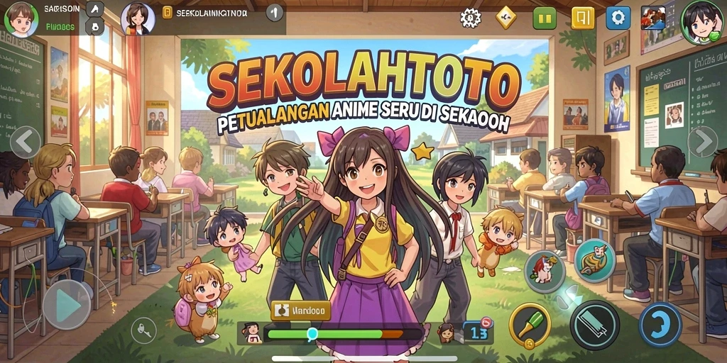 Tangkapan layar menampilkan karakter dan suasana sekolah di SEKOLAHTOTO.